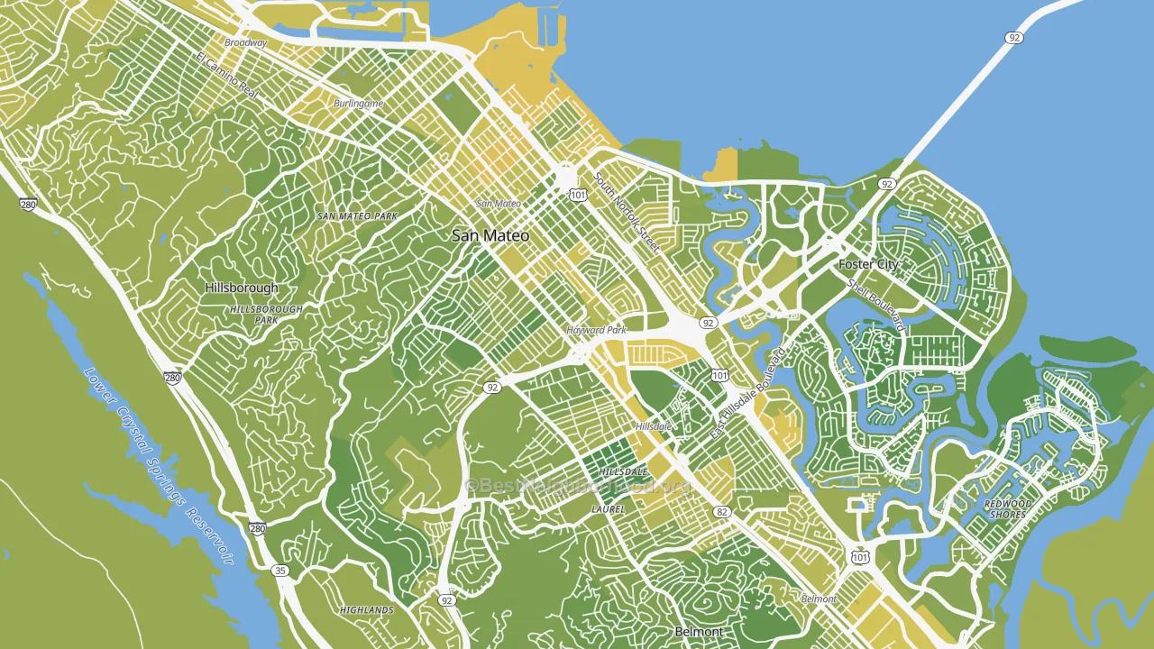 Map of the best neighborhoods in the San Mateo area, with better matches in green and worse matches in red