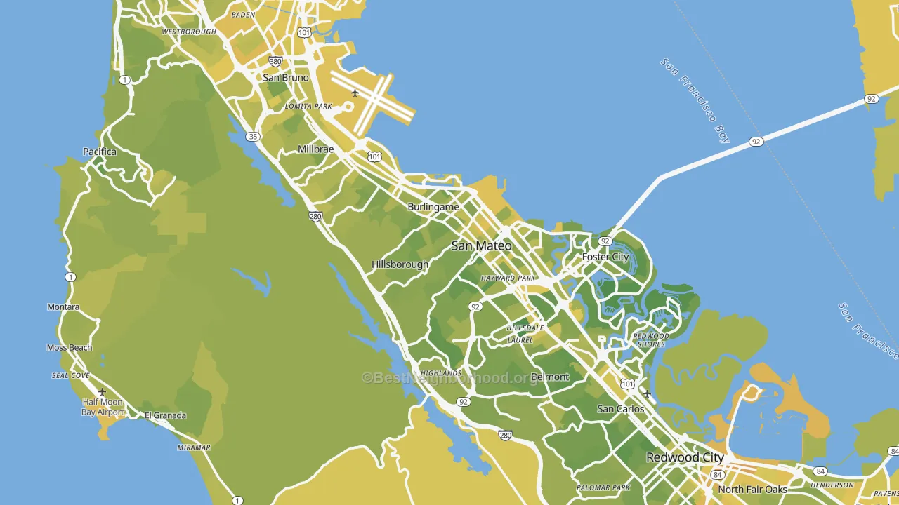 Map of the best neighborhoods in the San Mateo County area, with better matches in green and worse matches in red