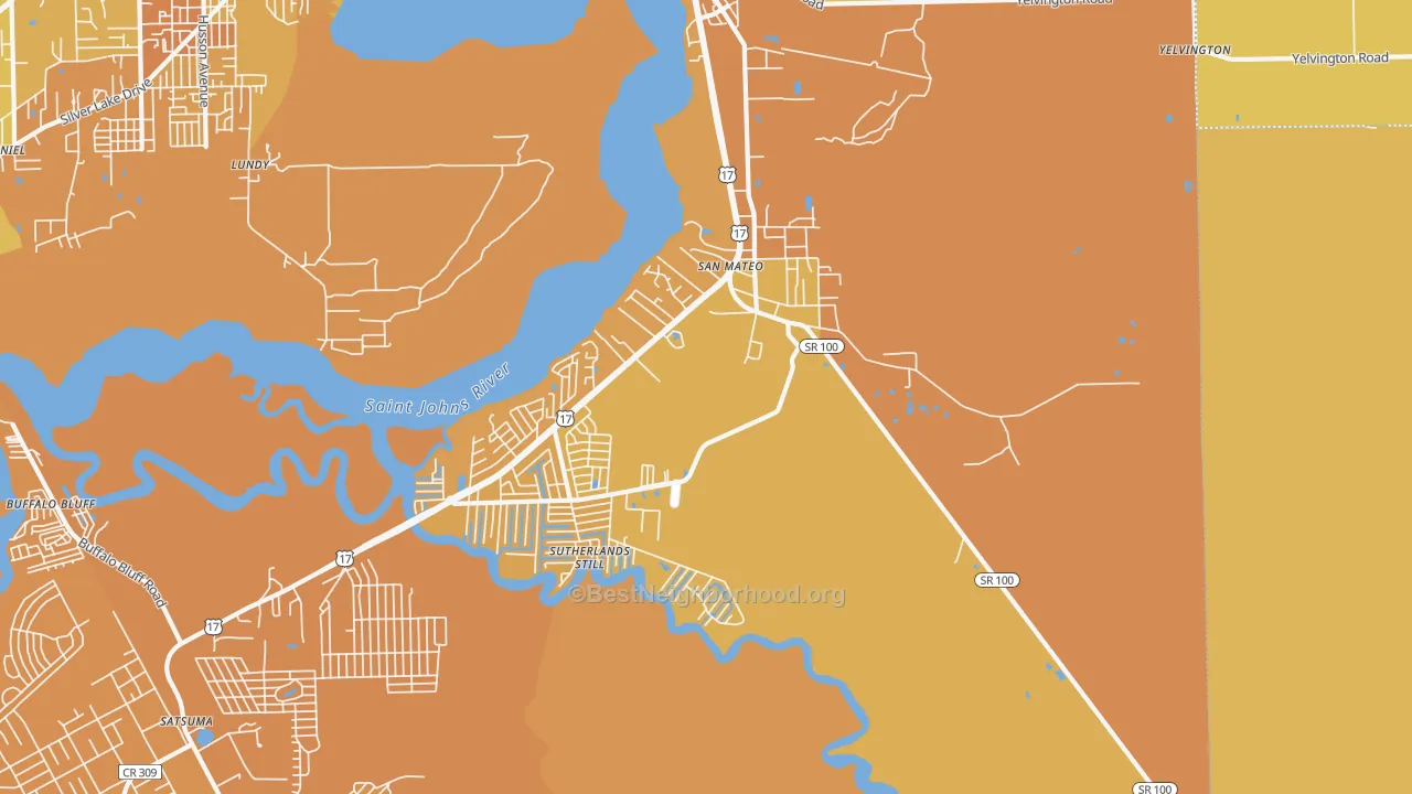 Map of the best neighborhoods in the San Mateo area, with better matches in green and worse matches in red