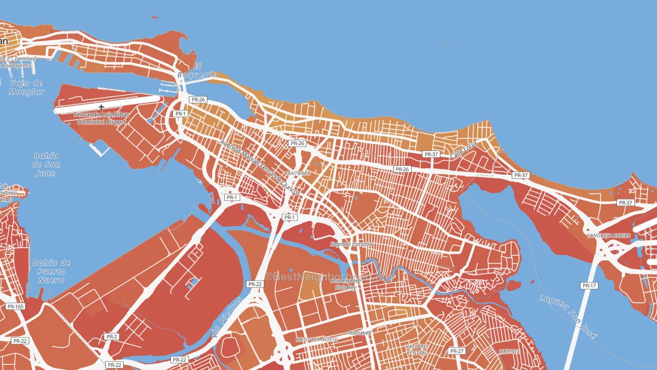 Map of the best neighborhoods in the San Mateo, San Juan area, with better matches in green and worse matches in red