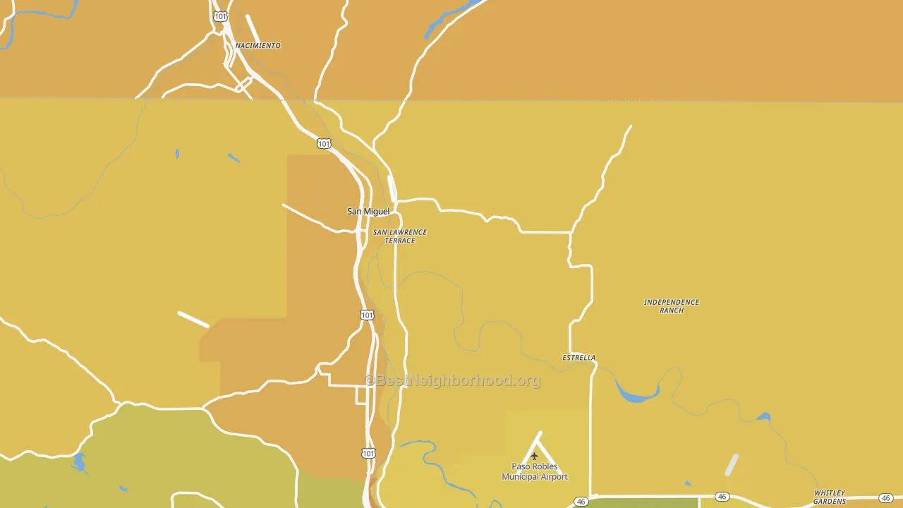 Map of the best neighborhoods in the San Miguel area, with better matches in green and worse matches in red