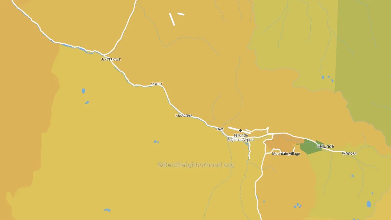 Map of the best neighborhoods in the San Miguel County area, with better matches in green and worse matches in red