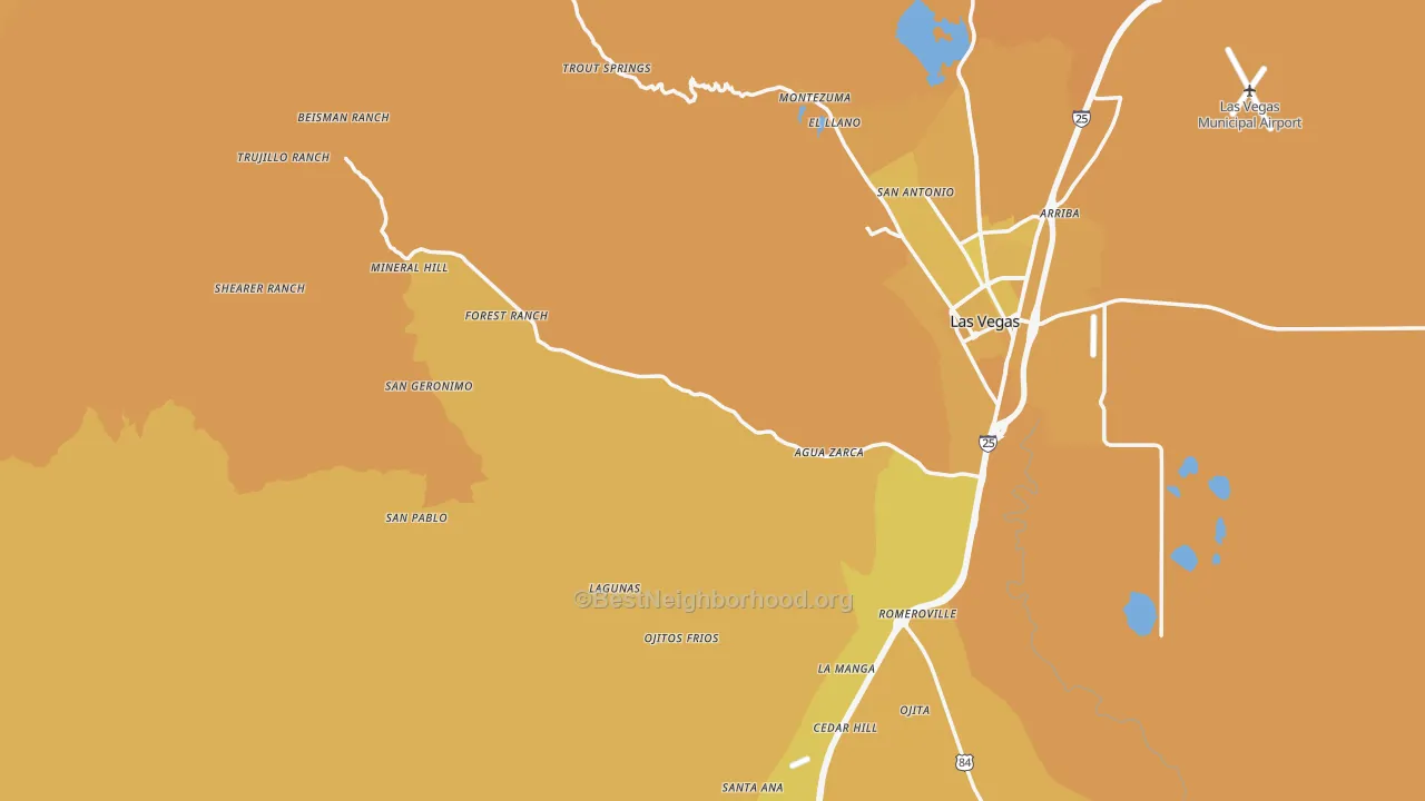 Map of the best neighborhoods in the San Miguel County area, with better matches in green and worse matches in red
