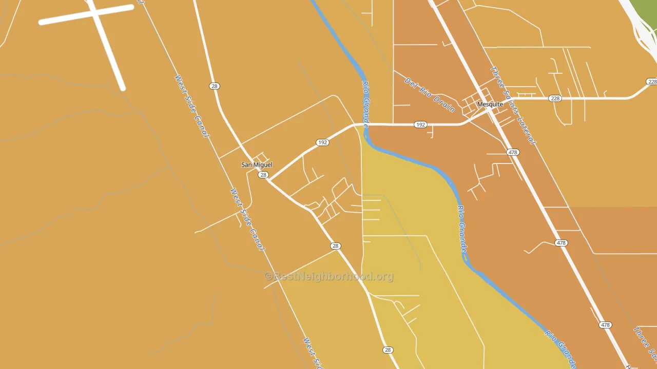 Map of the best neighborhoods in the San Miguel area, with better matches in green and worse matches in red