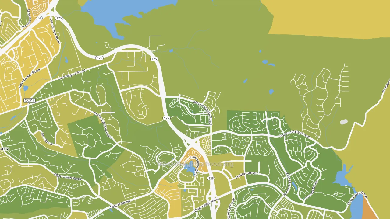 Map of the best neighborhoods in the San Miguel Ranch, Chula Vista area, with better matches in green and worse matches in red