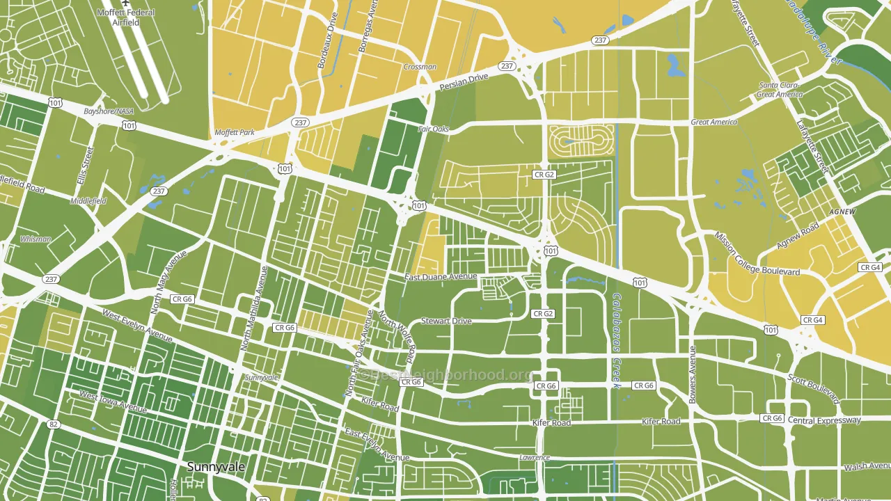 Map of the best neighborhoods in the San Miguel, Sunnyvale area, with better matches in green and worse matches in red