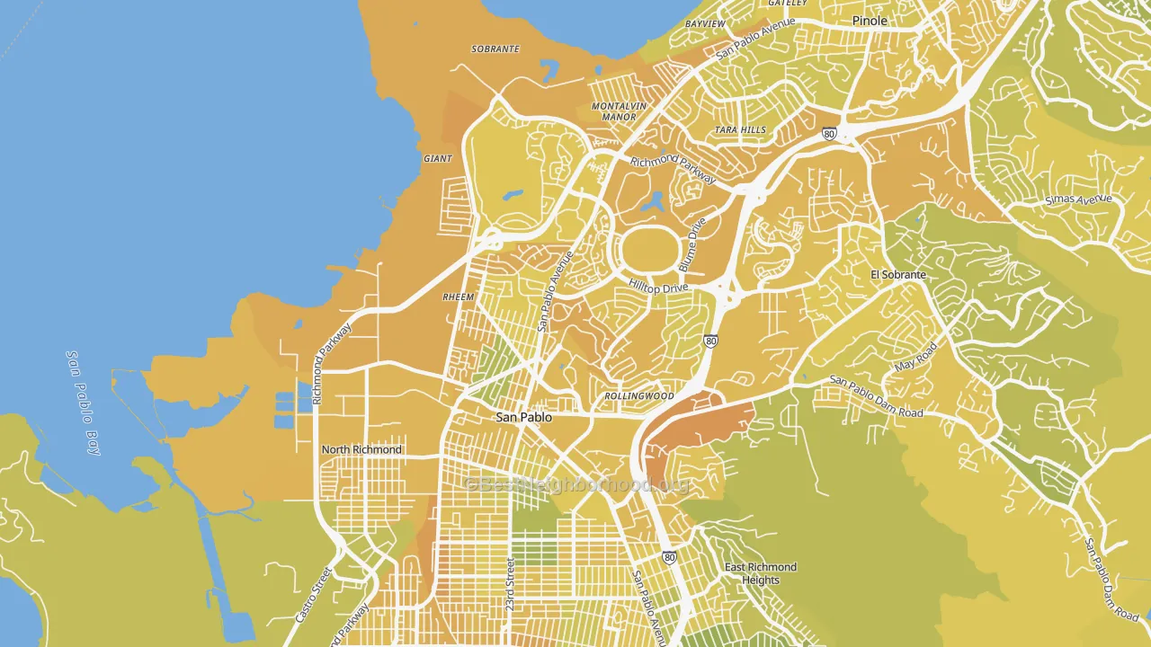 Map of the best neighborhoods in the San Pablo area, with better matches in green and worse matches in red