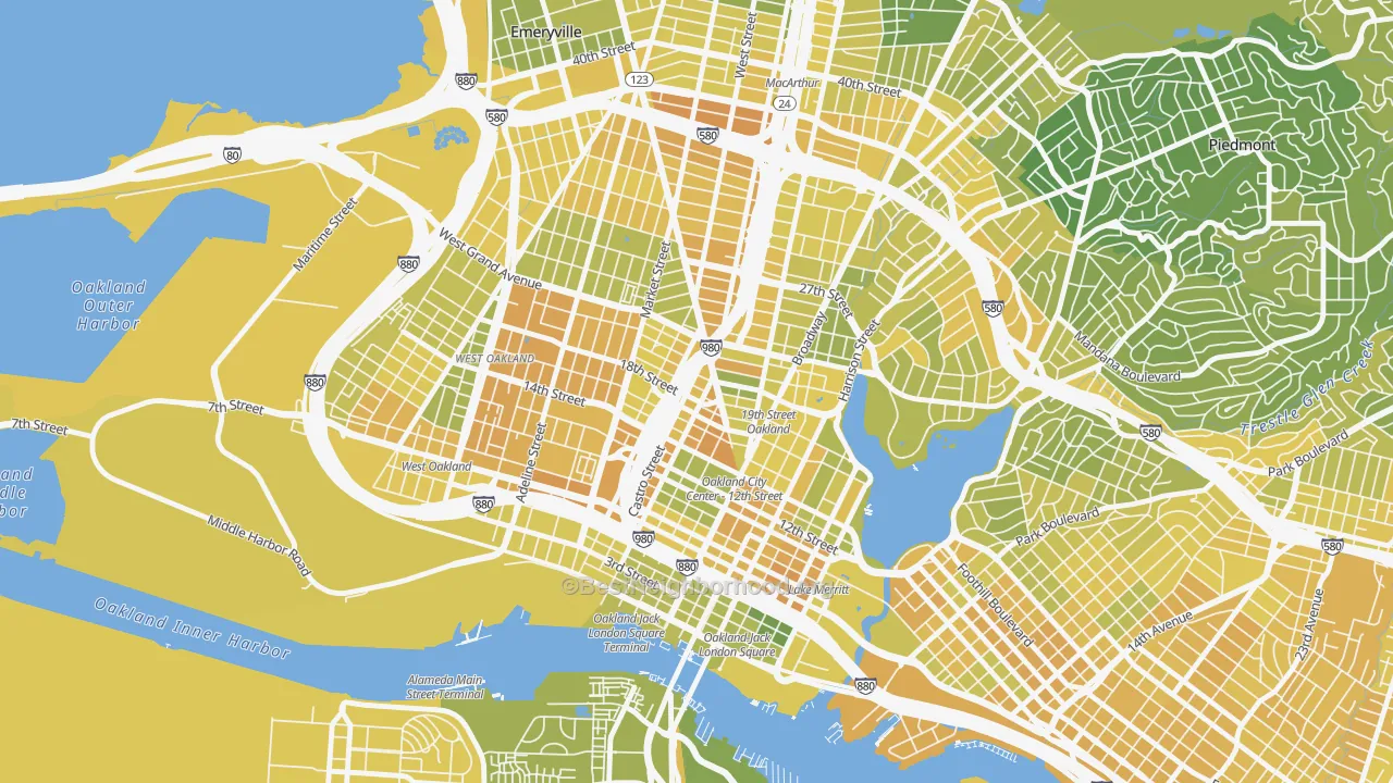 Map of the best neighborhoods in the San Pablo Gateway, Oakland area, with better matches in green and worse matches in red