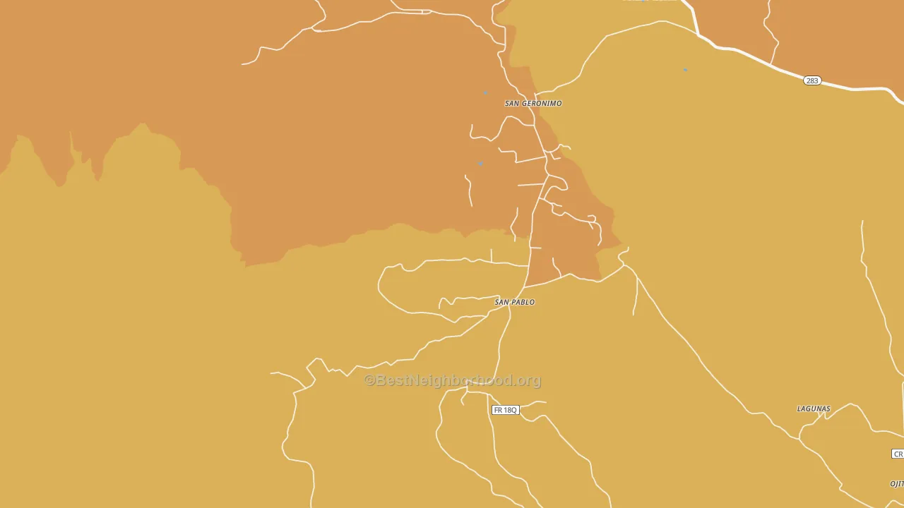 Map of the best neighborhoods in the San Pablo area, with better matches in green and worse matches in red