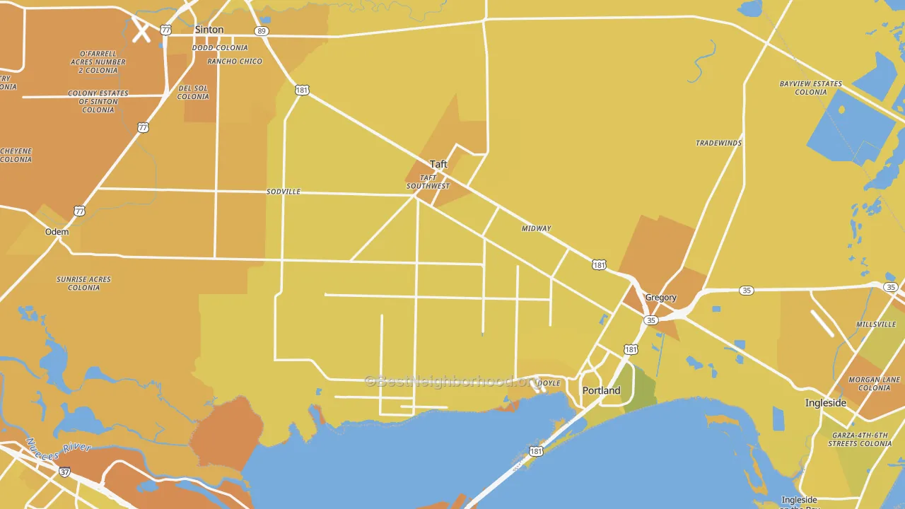 Map of the best neighborhoods in the San Patricio County area, with better matches in green and worse matches in red