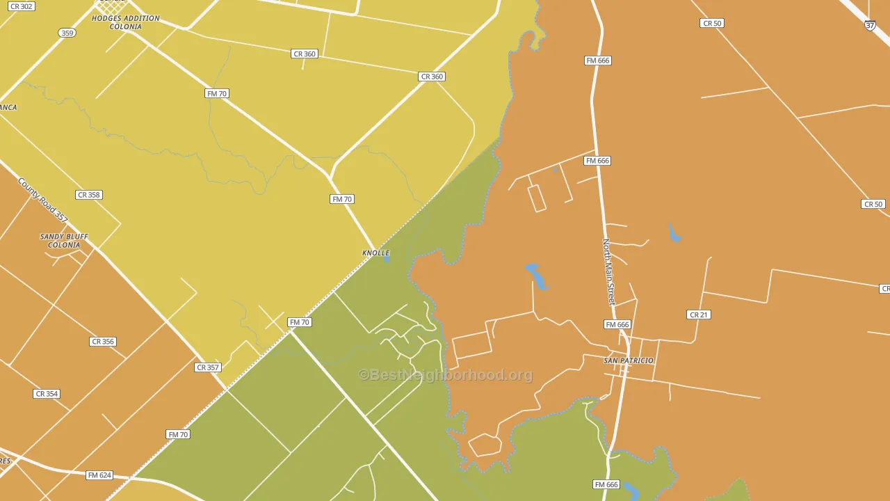 Map of the best neighborhoods in the San Patricio area, with better matches in green and worse matches in red