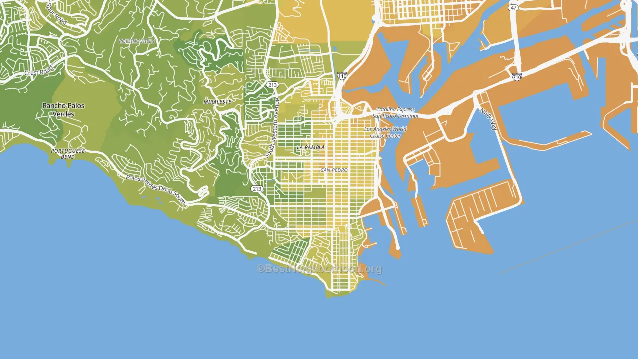 Map of the best neighborhoods in the San Pedro area, with better matches in green and worse matches in red