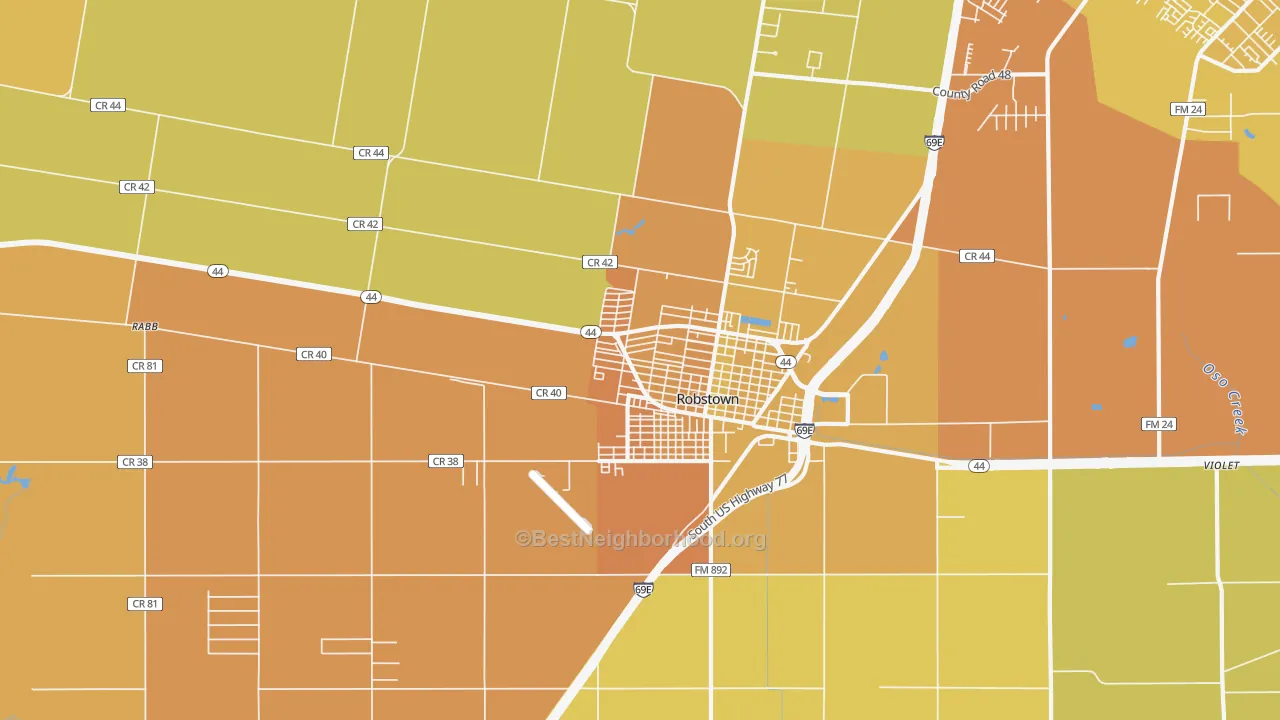 Map of the best neighborhoods in the San Pedro, Robstown area, with better matches in green and worse matches in red