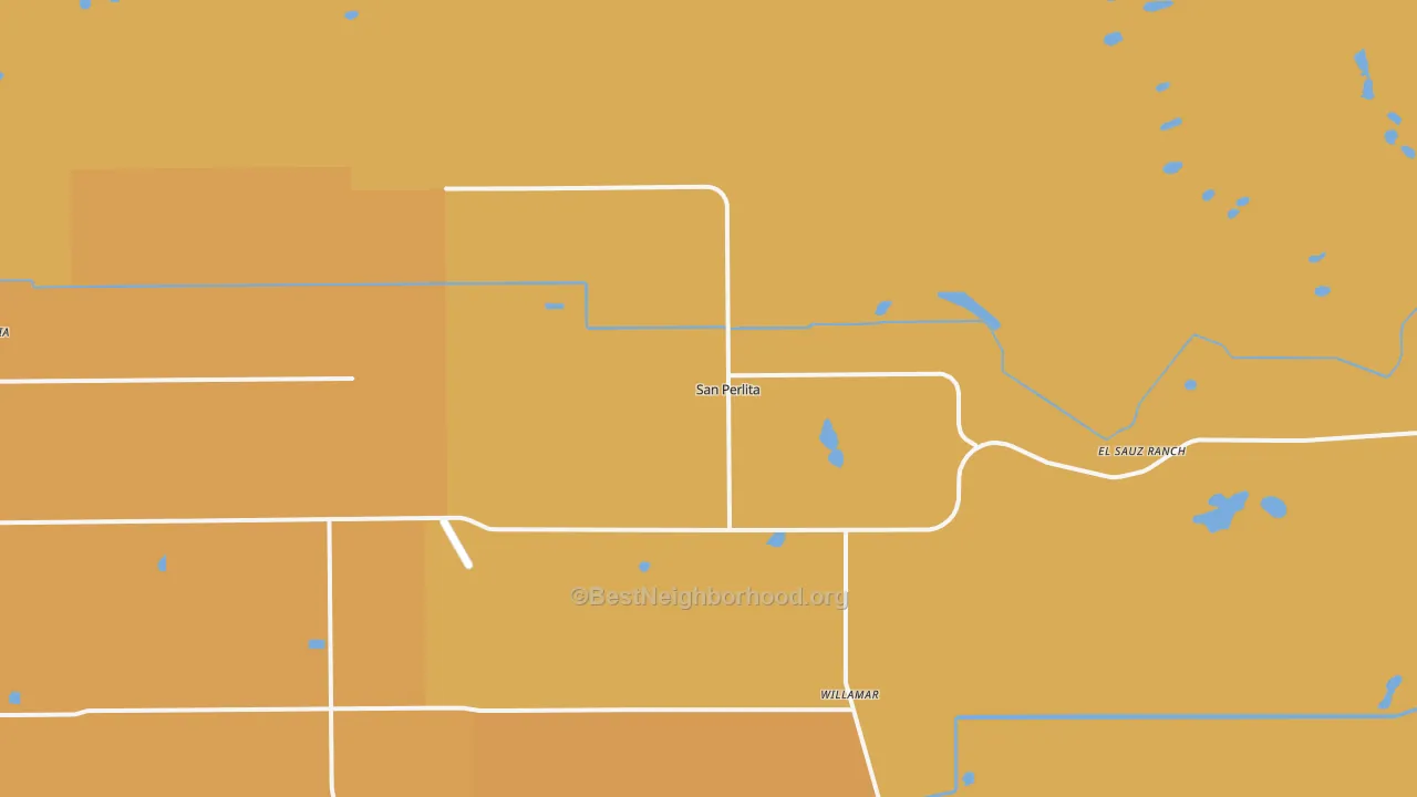 Map of the best neighborhoods in the San Perlita area, with better matches in green and worse matches in red