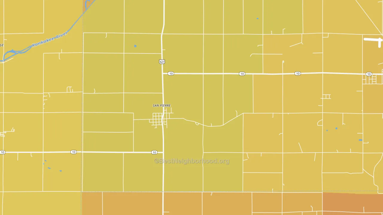 Map of the best neighborhoods in the San Pierre area, with better matches in green and worse matches in red