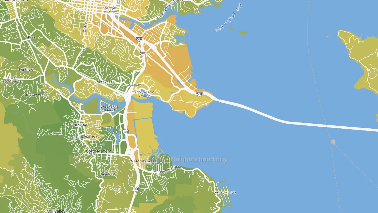 Map of the best neighborhoods in the San Quentin area, with better matches in green and worse matches in red