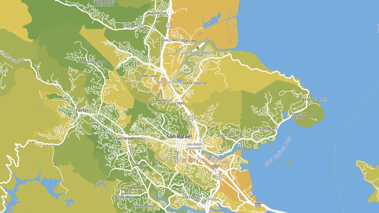 Map of the best neighborhoods in the San Rafael area, with better matches in green and worse matches in red