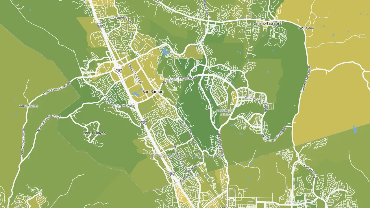 Map of the best neighborhoods in the San Ramon area, with better matches in green and worse matches in red