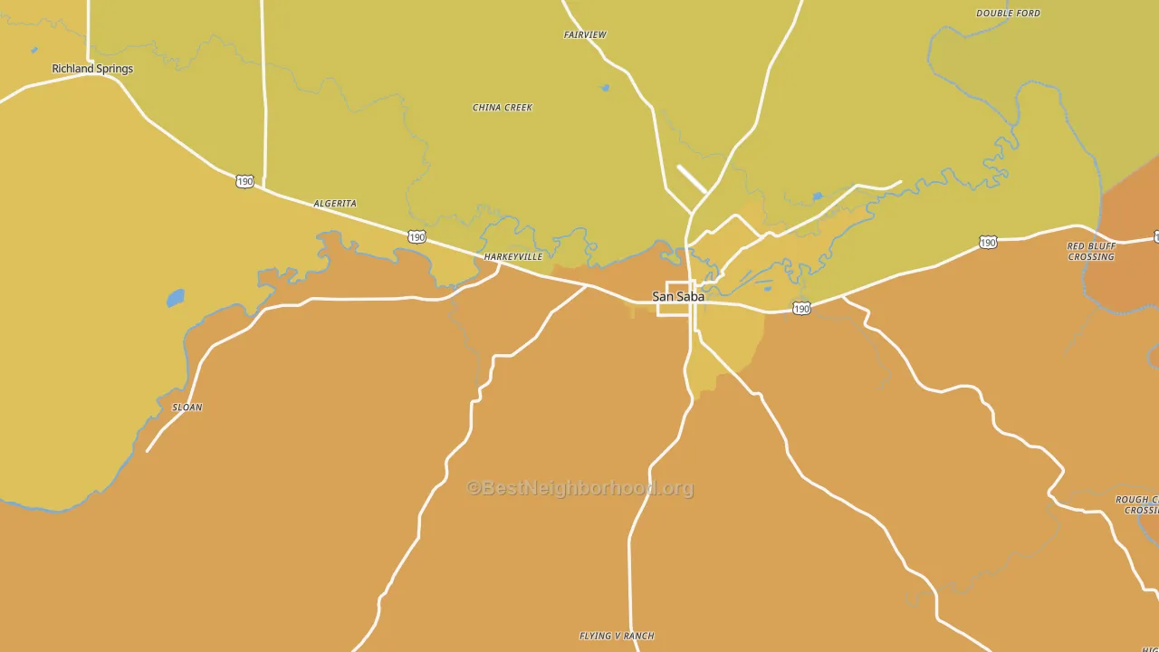 Map of the best neighborhoods in the San Saba County area, with better matches in green and worse matches in red