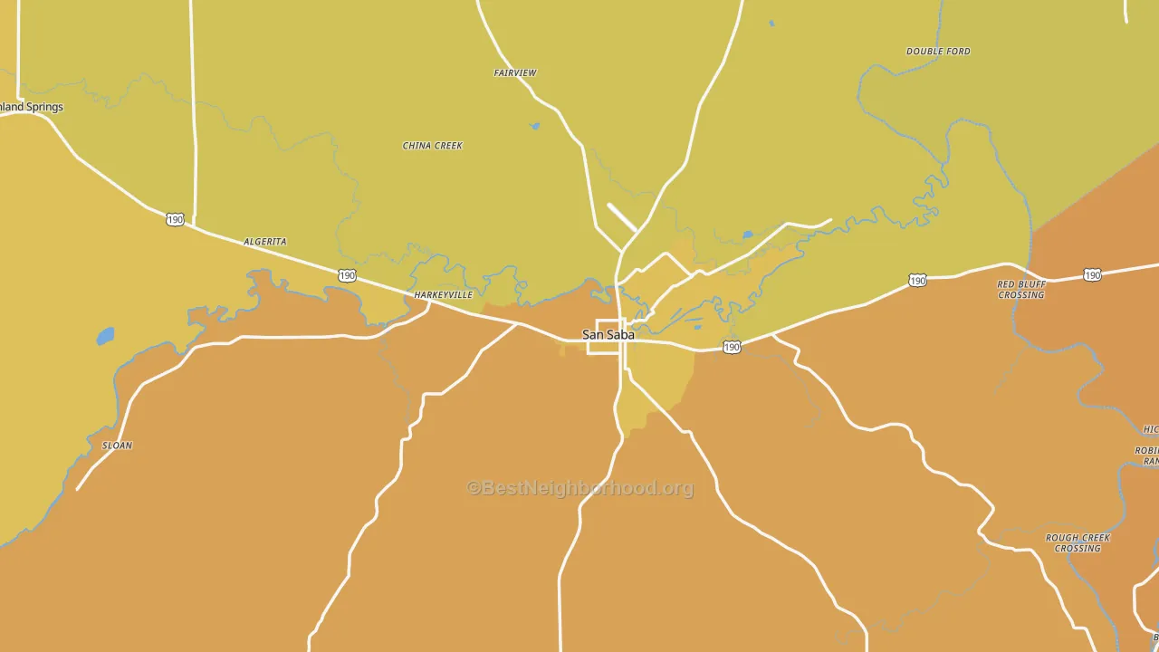 Map of the best neighborhoods in the San Saba area, with better matches in green and worse matches in red