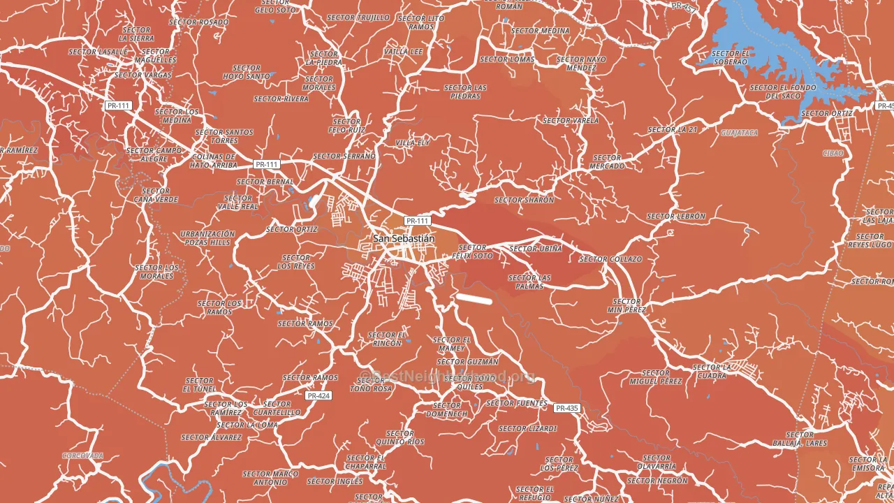 Map of the best neighborhoods in the San Sebastian Municipio area, with better matches in green and worse matches in red