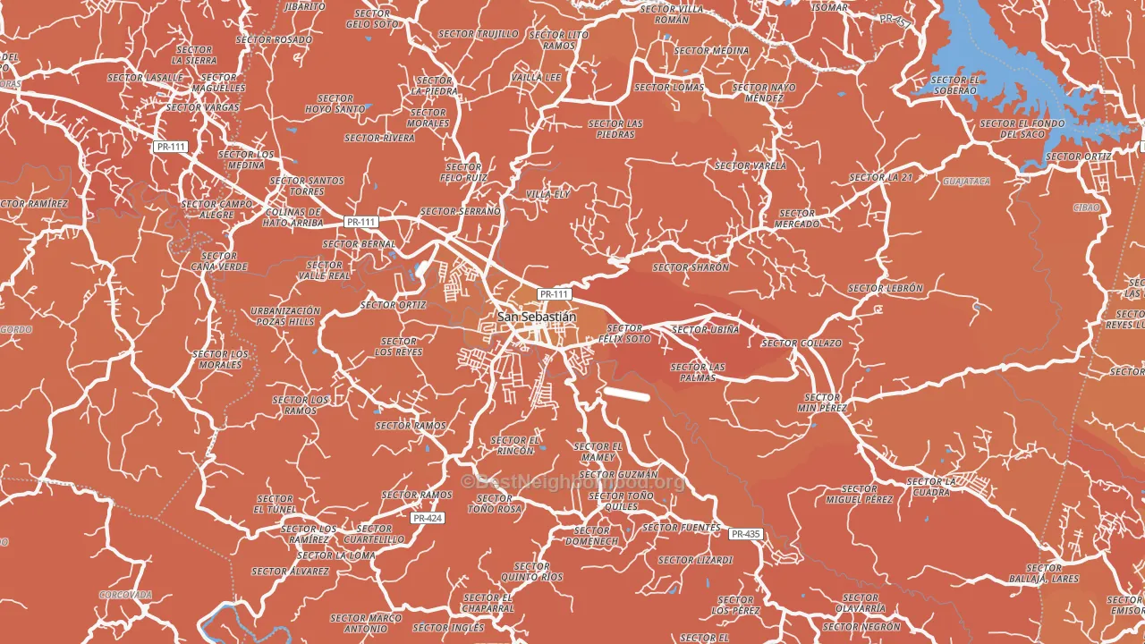 Map of the best neighborhoods in the San Sebastian area, with better matches in green and worse matches in red