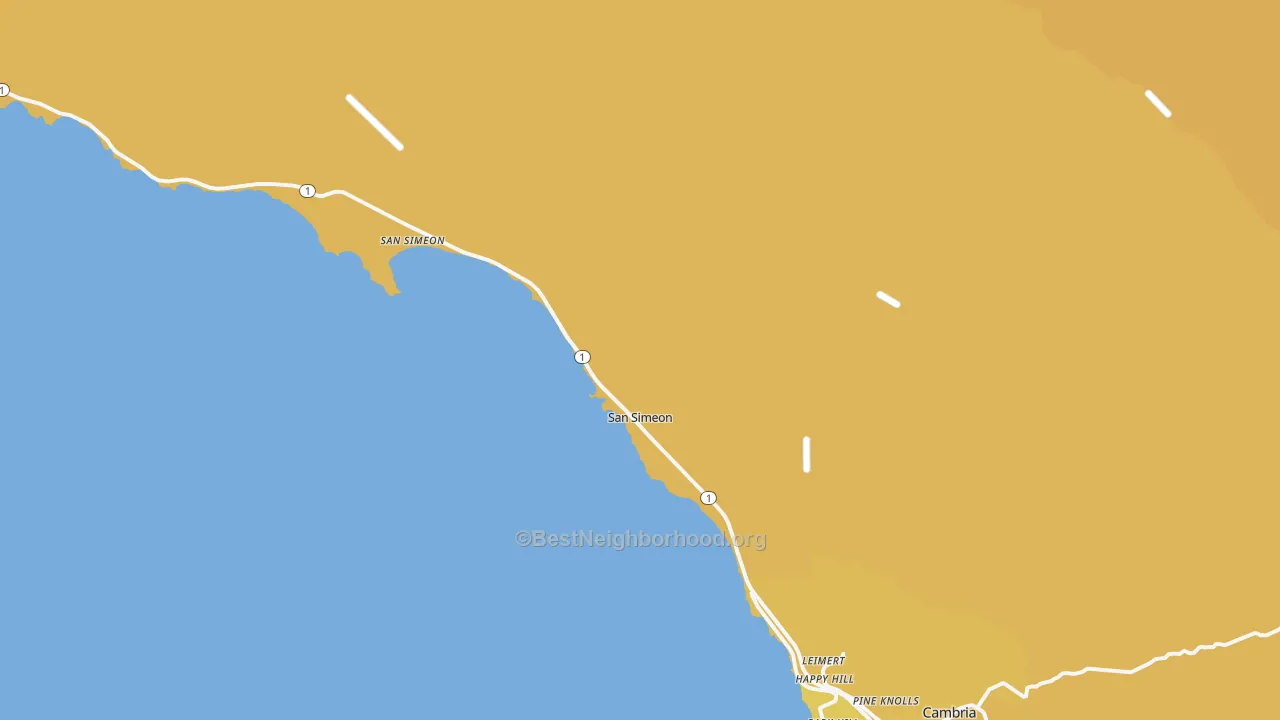 Map of the best neighborhoods in the San Simeon area, with better matches in green and worse matches in red