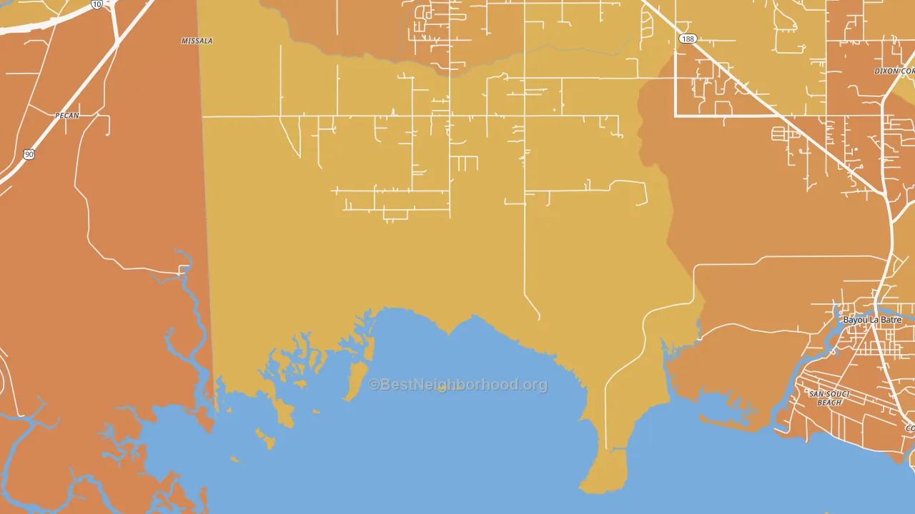 Map of the best neighborhoods in the San Souci Beach area, with better matches in green and worse matches in red
