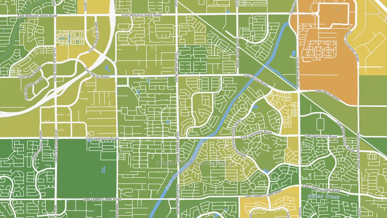 Map of the best neighborhoods in the San Tan Ranch, Gilbert area, with better matches in green and worse matches in red