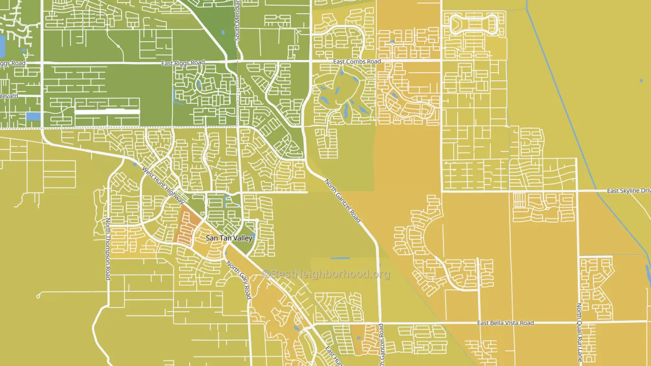 Map of the best neighborhoods in the San Tan Valley area, with better matches in green and worse matches in red