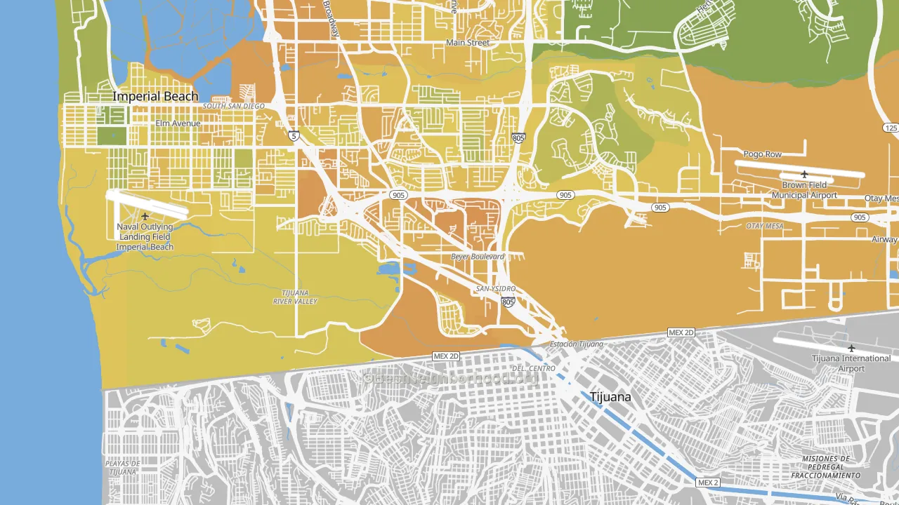 Map of the best neighborhoods in the San Ysidro area, with better matches in green and worse matches in red