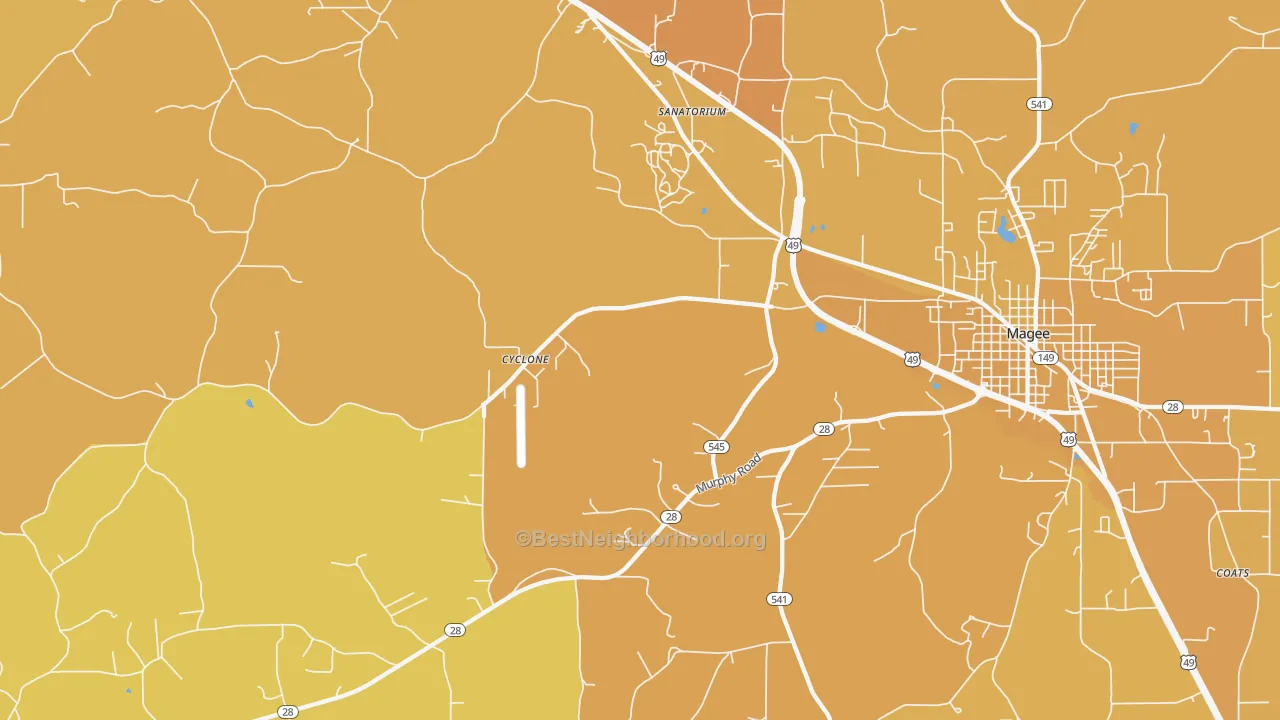 Map of the best neighborhoods in the Sanatorium area, with better matches in green and worse matches in red