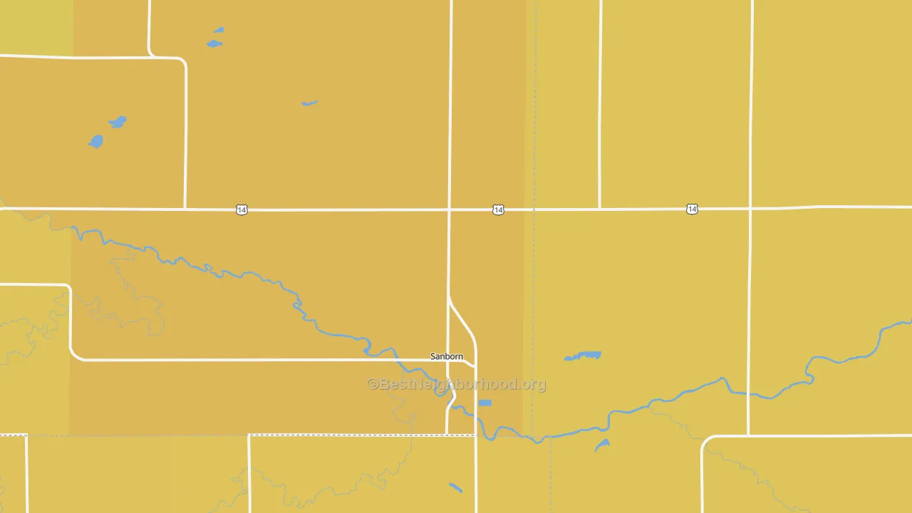 Map of the best neighborhoods in the Sanborn area, with better matches in green and worse matches in red