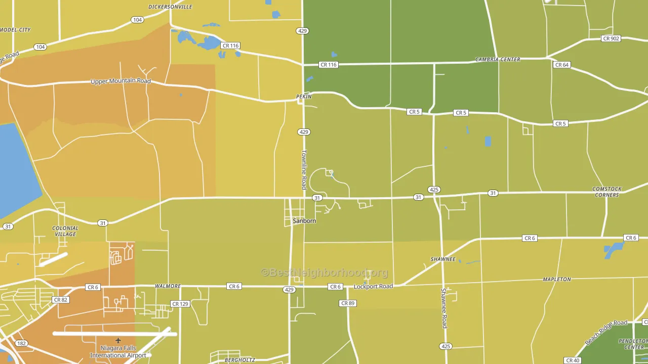 Map of the best neighborhoods in the Sanborn area, with better matches in green and worse matches in red