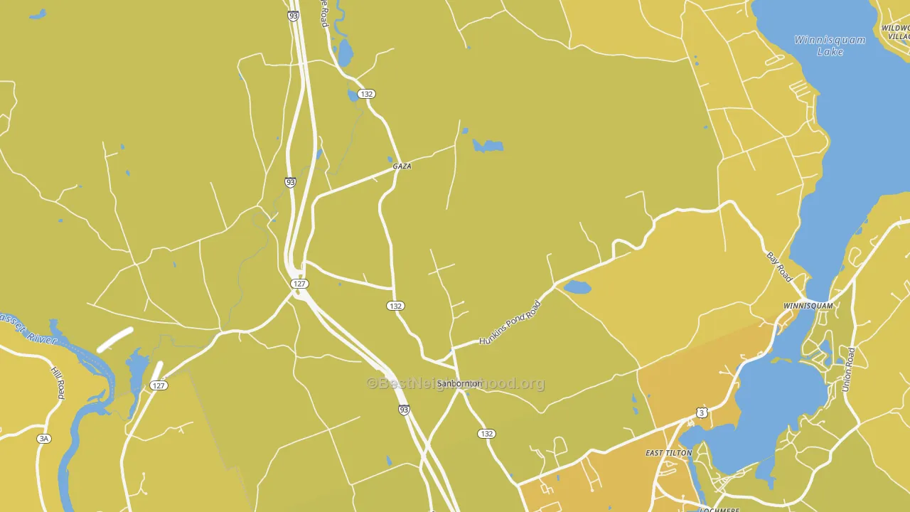 Map of the best neighborhoods in the Sanbornton area, with better matches in green and worse matches in red