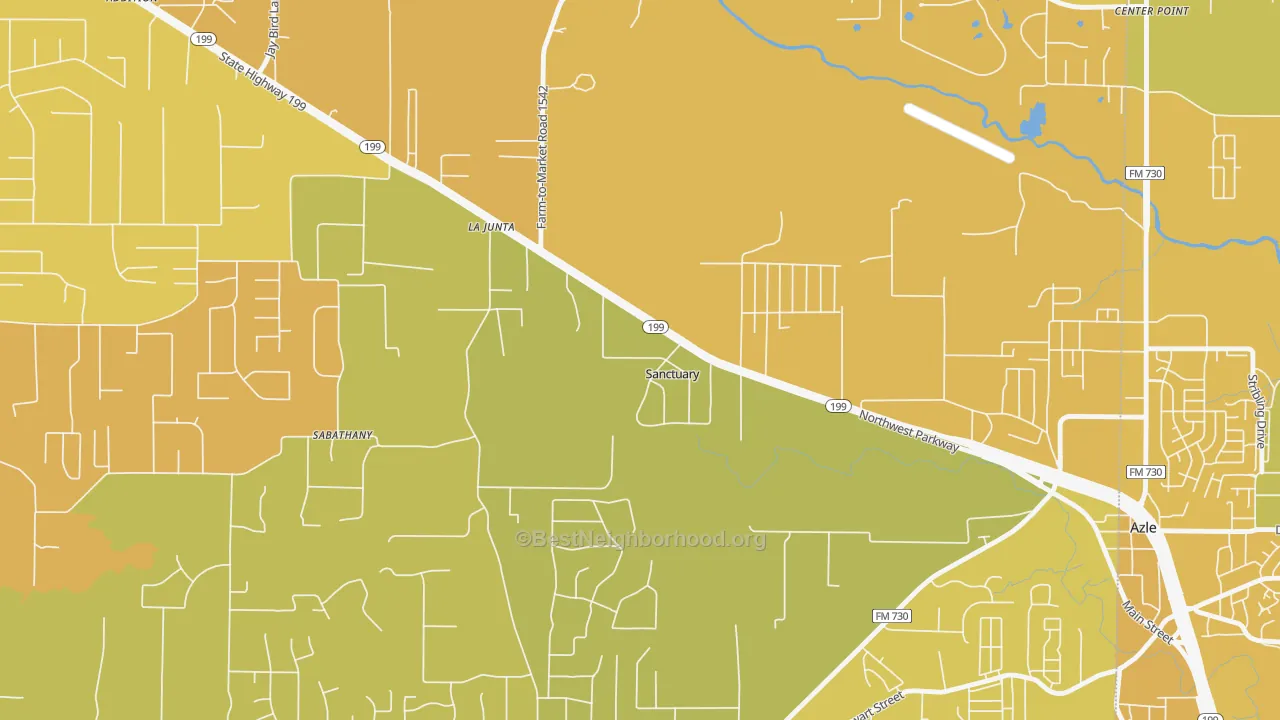 Map of the best neighborhoods in the Sanctuary area, with better matches in green and worse matches in red