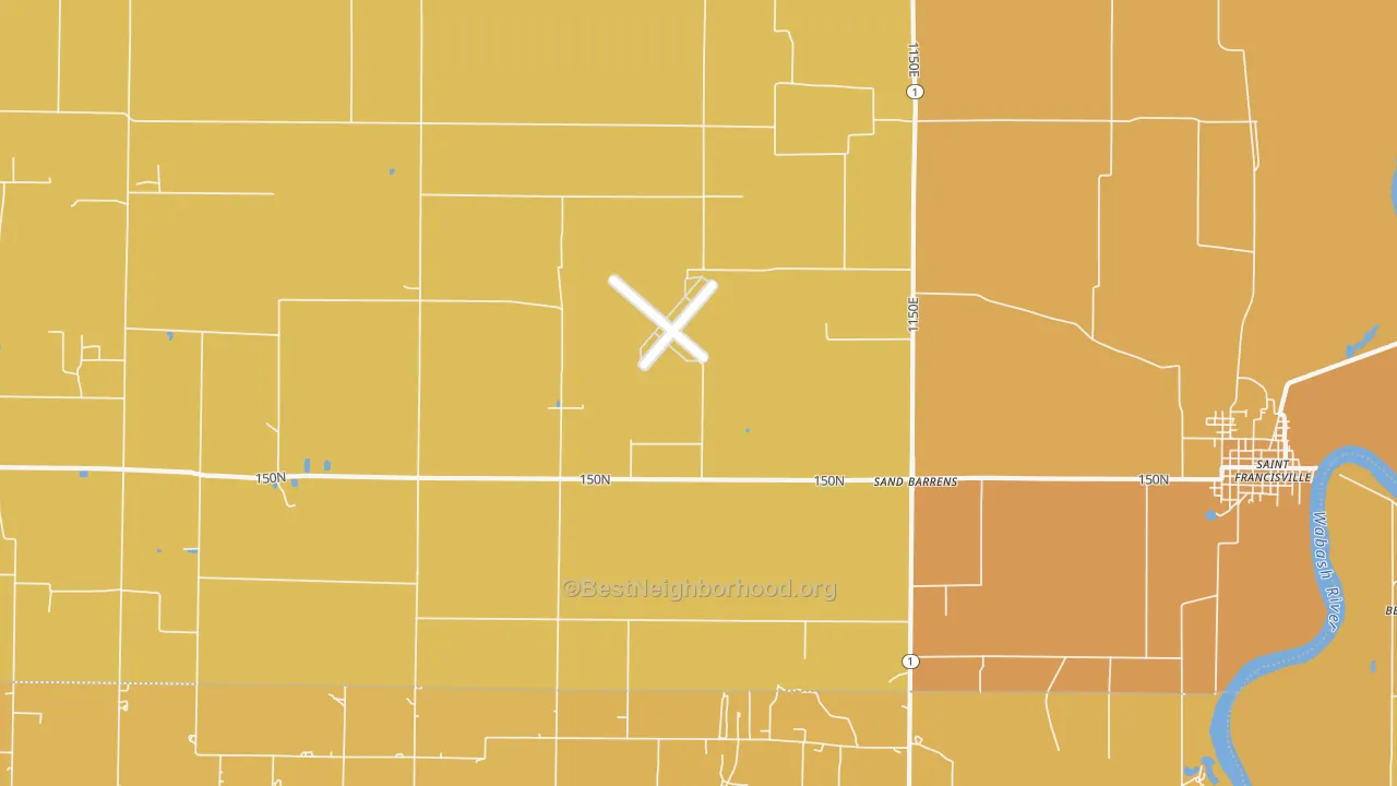 Map of the best neighborhoods in the Sand Barrens area, with better matches in green and worse matches in red