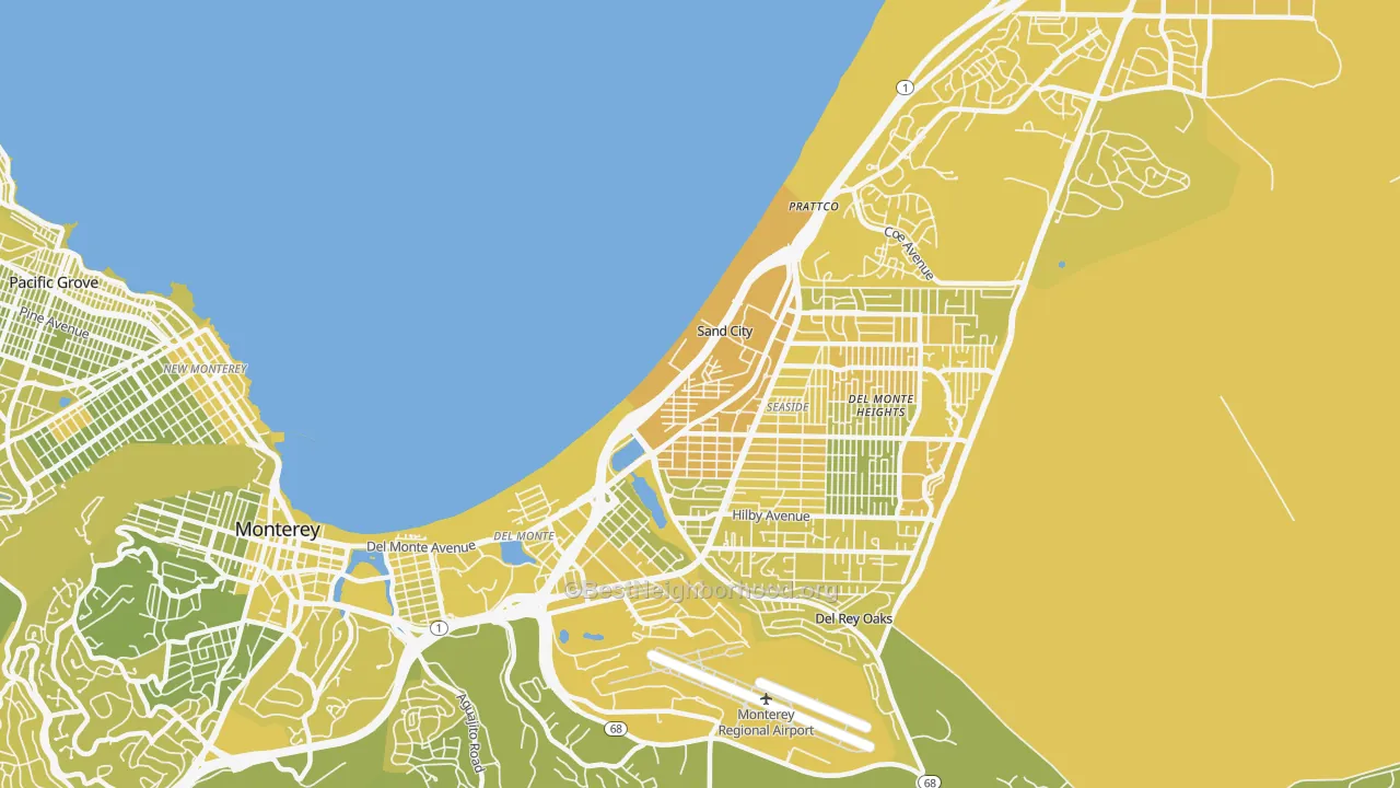 Map of the best neighborhoods in the Sand City area, with better matches in green and worse matches in red