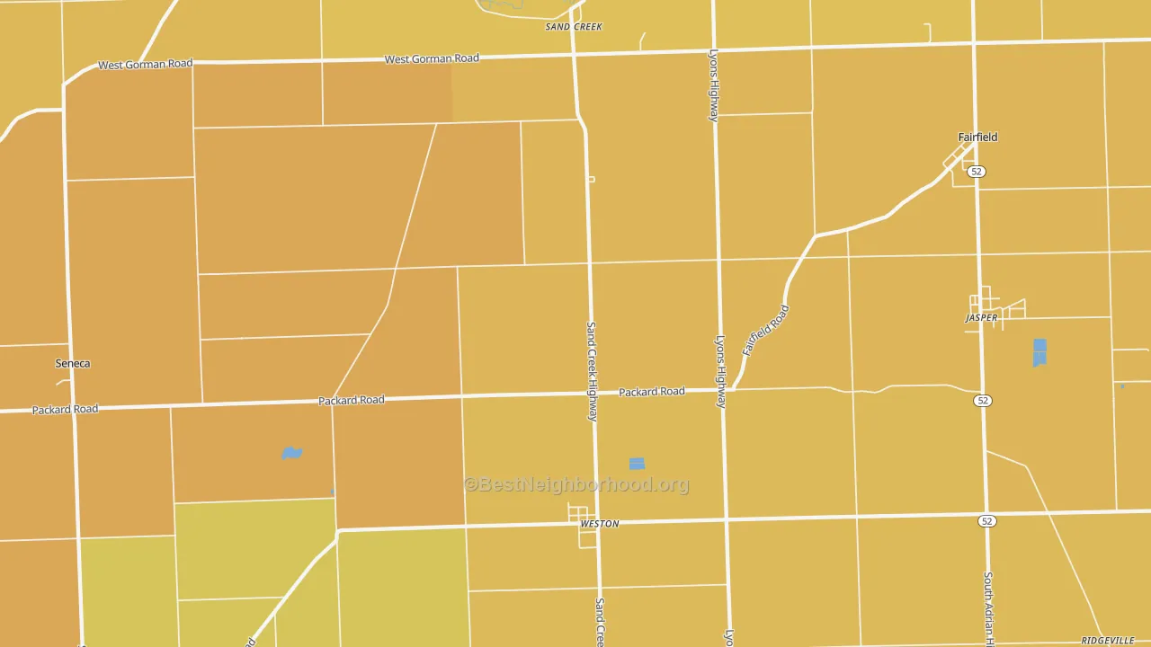 Map of the best neighborhoods in the Sand Creek area, with better matches in green and worse matches in red