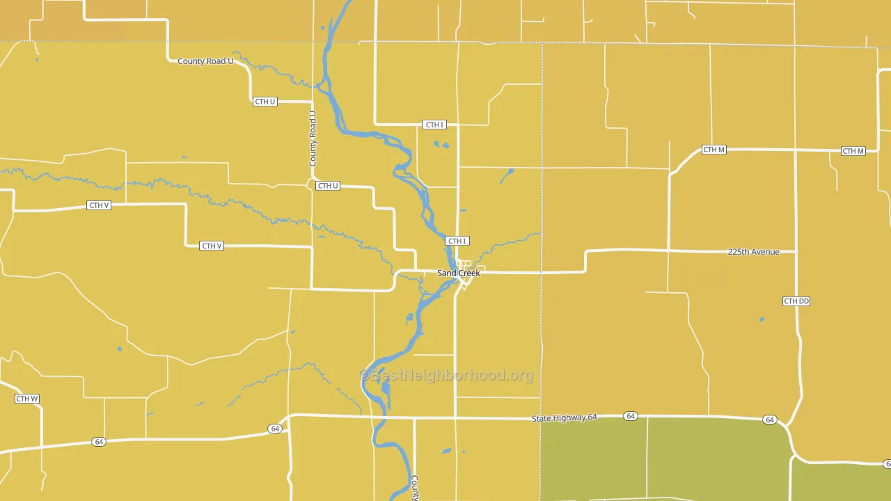 Map of the best neighborhoods in the Sand Creek area, with better matches in green and worse matches in red