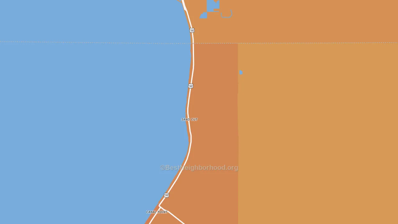 Map of the best neighborhoods in the Sand Cut area, with better matches in green and worse matches in red