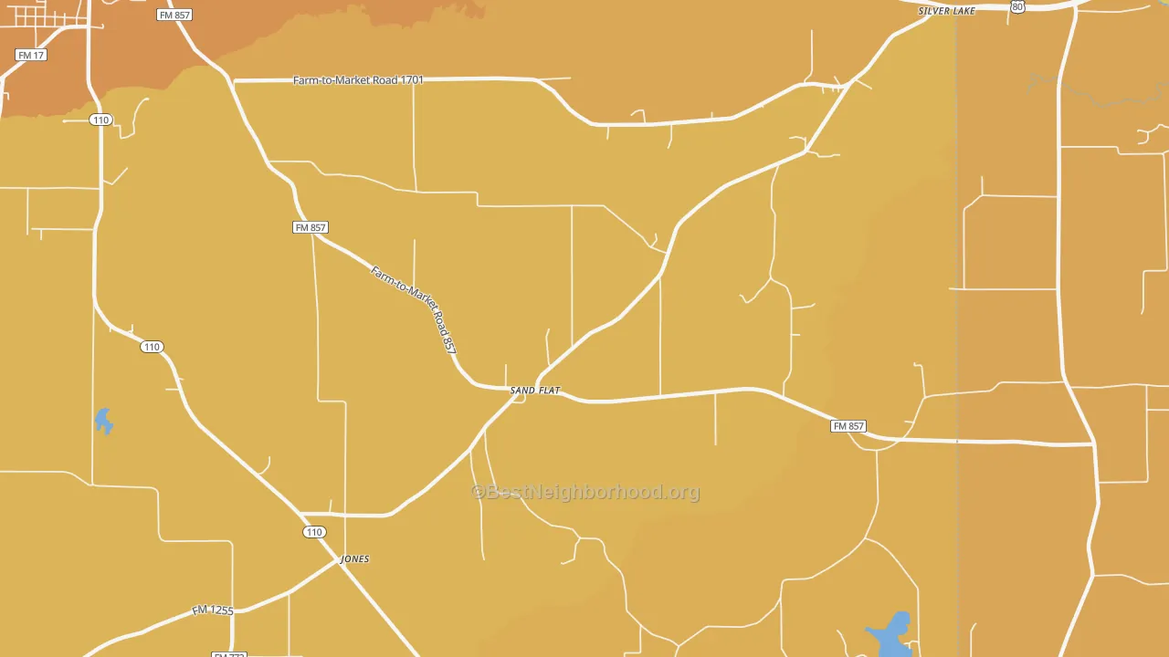 Map of the best neighborhoods in the Sand Flat area, with better matches in green and worse matches in red