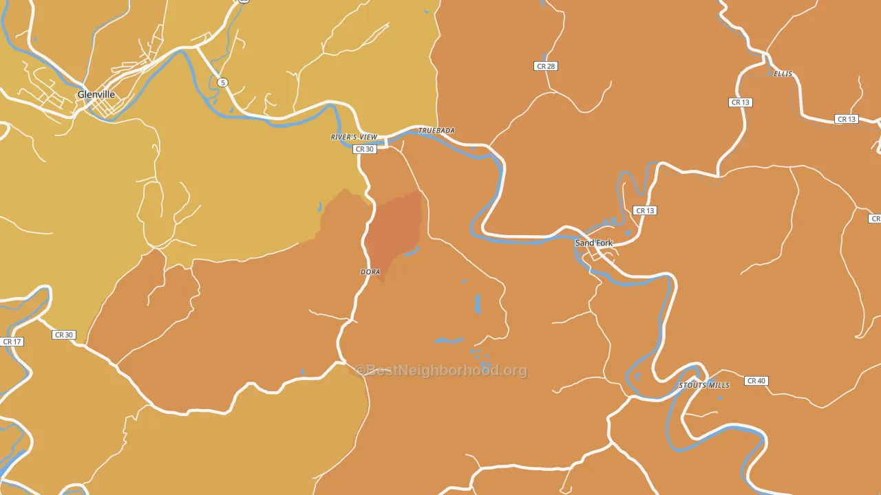 Map of the best neighborhoods in the Sand Fork area, with better matches in green and worse matches in red