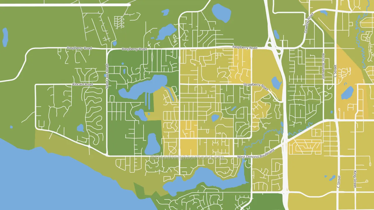 Map of the best neighborhoods in the Sand Lake, Anchorage area, with better matches in green and worse matches in red