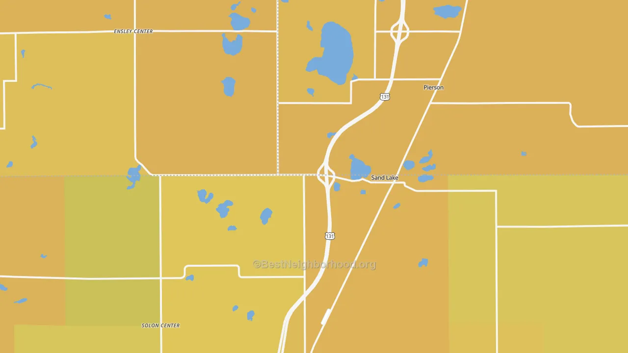 Map of the best neighborhoods in the Sand Lake area, with better matches in green and worse matches in red