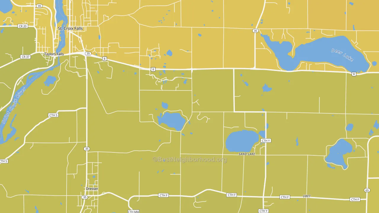 Map of the best neighborhoods in the Sand Lake area, with better matches in green and worse matches in red