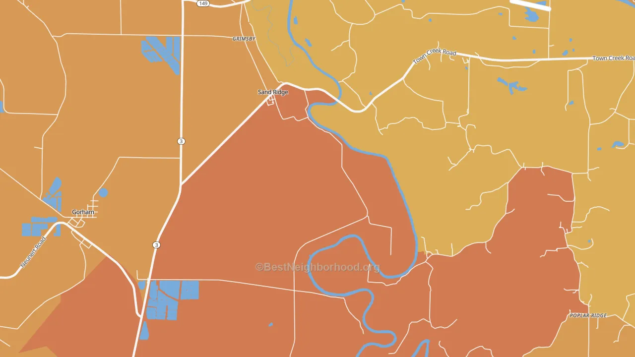 Map of the best neighborhoods in the Sand Ridge area, with better matches in green and worse matches in red