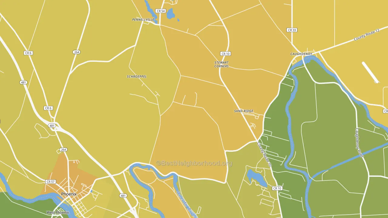 Map of the best neighborhoods in the Sand Ridge area, with better matches in green and worse matches in red