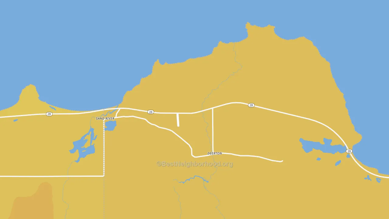Map of the best neighborhoods in the Sand River area, with better matches in green and worse matches in red