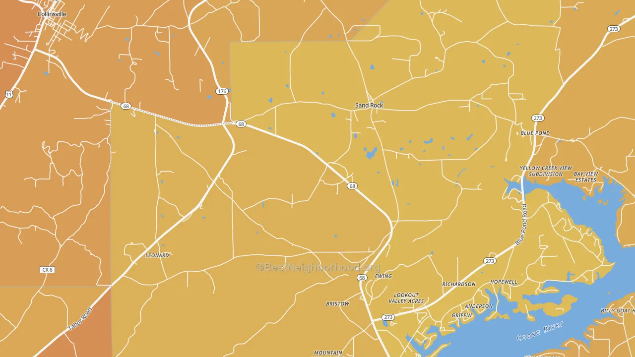 Map of the best neighborhoods in the Sand Rock area, with better matches in green and worse matches in red
